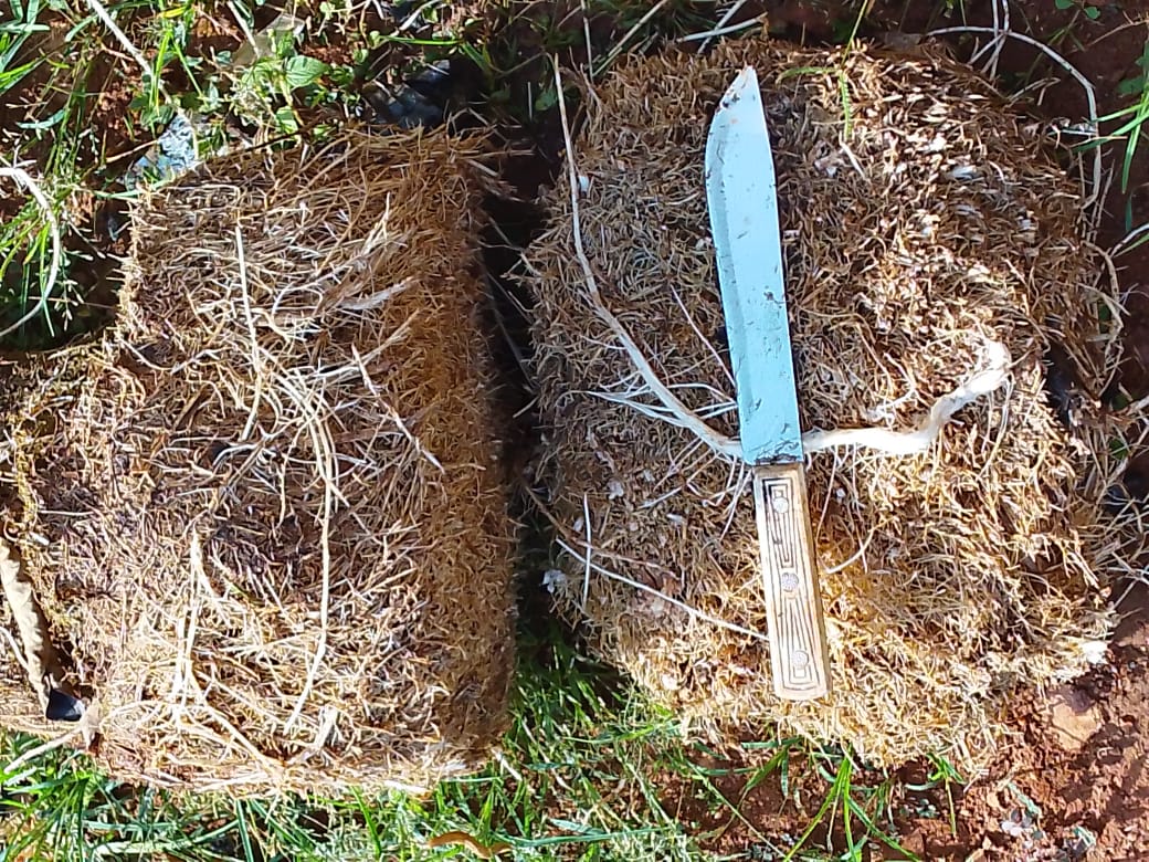Two root wool blocks with a knife laid across them for scale